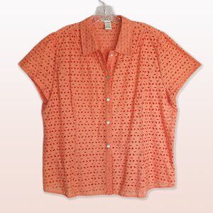 Orvis Short-Sleeve Orange Eyelet Button-Up Shirt Oyster Shell Buttons Size XL